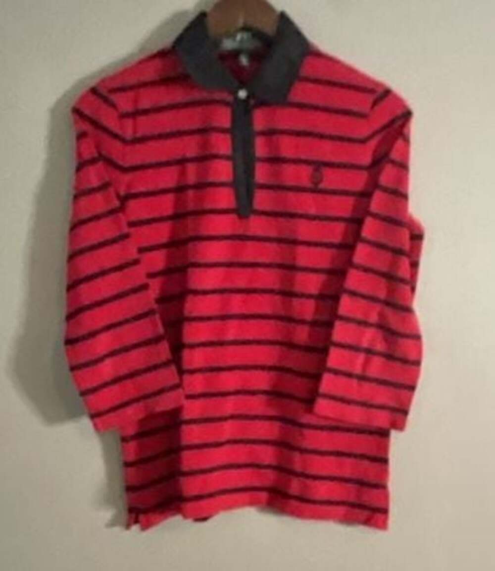 Red. L-RL Lauren Active Ralph Lauren Red and Black Striped Long Sleeve Polo Shir